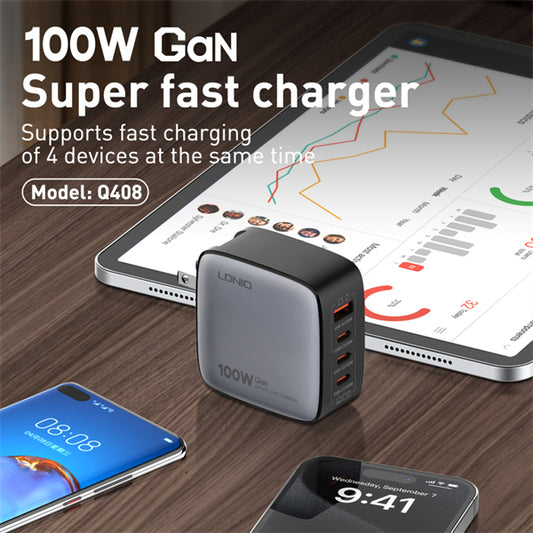 LDNIO Q408 100W Super Fast Charger 1 USB 3 Type C Mobile Phone Adapter